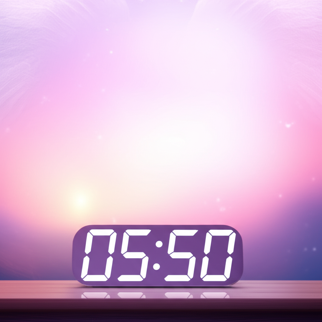 Цифровые часы показывают 05 50 на часах значение ангельская нумерология на фоне рассвета.