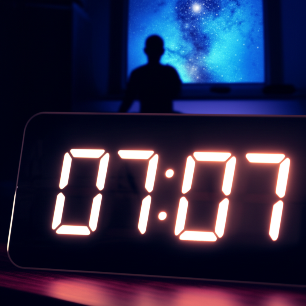 Цифровые часы показывают время 07:07, освещая комнату, что символизирует 07 07 значение.