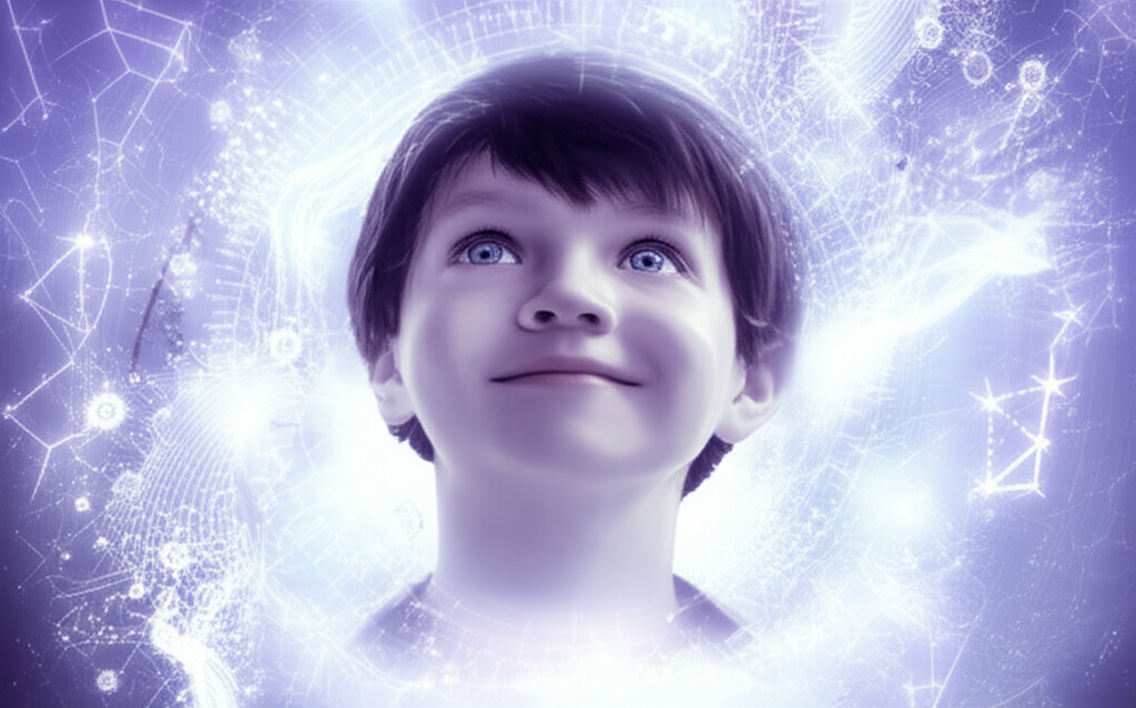 Изображение демонстрирует характеристики знака зодиака водолей ребенок, подчеркивая их любознательность и стремление к знаниям, окруженных символами изобретательности и мечтательности.