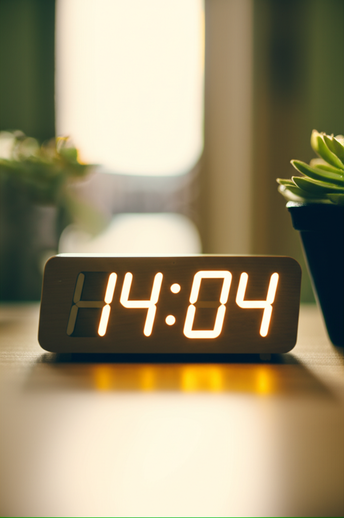 Цифровой циферблат часов на столе, на котором отображено 14 04 на часах значение.