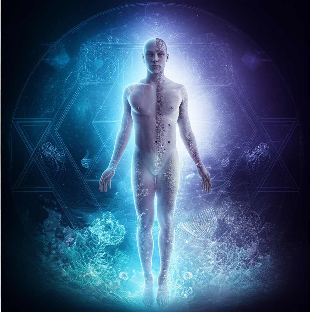 Астрологическая иллюстрация, представляющая 20 февраля знак зодиака Рыбы в слиянии с энергией Водолея.