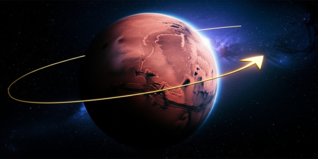 Астрономическая иллюстрация, на которой 20 мая Марс меняет направление движения на фоне звездного неба, символизируя новый цикл.