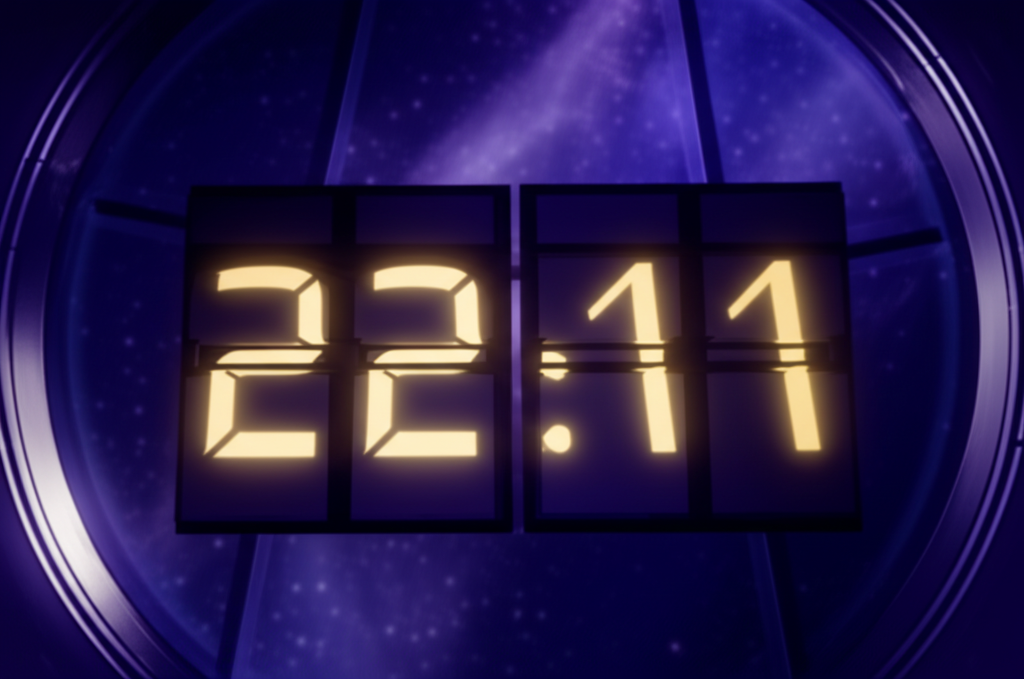 Цифровой циферблат, который показывает 22 11 на часах значение на часах, на мистическом фоне.