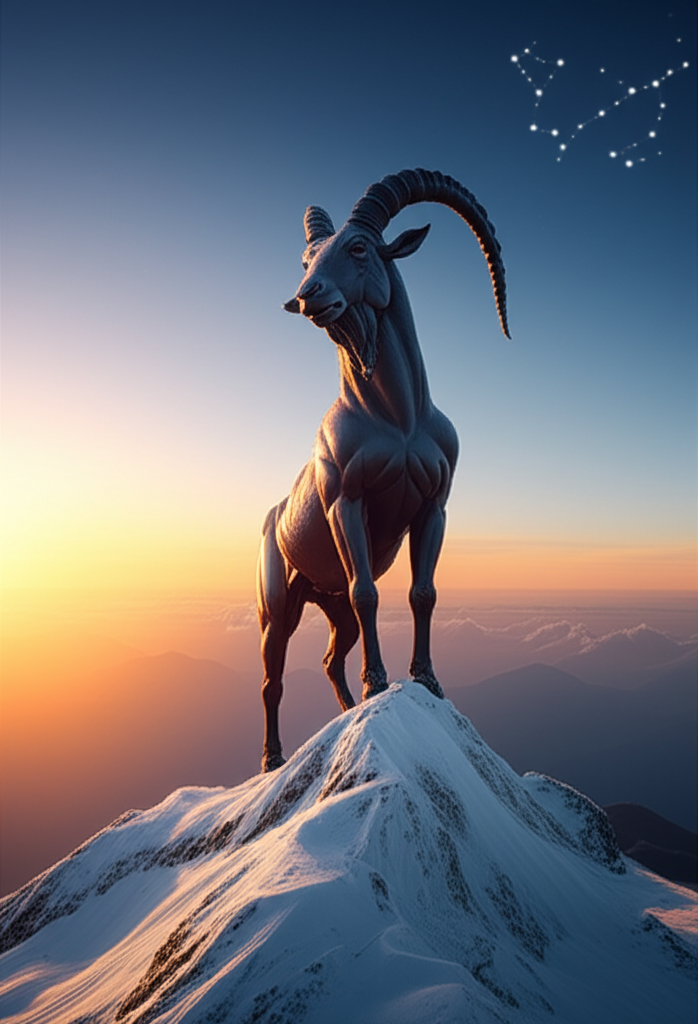 Величественная статуя Козерога на горной вершине, символизирующая 3 января знак зодиака.