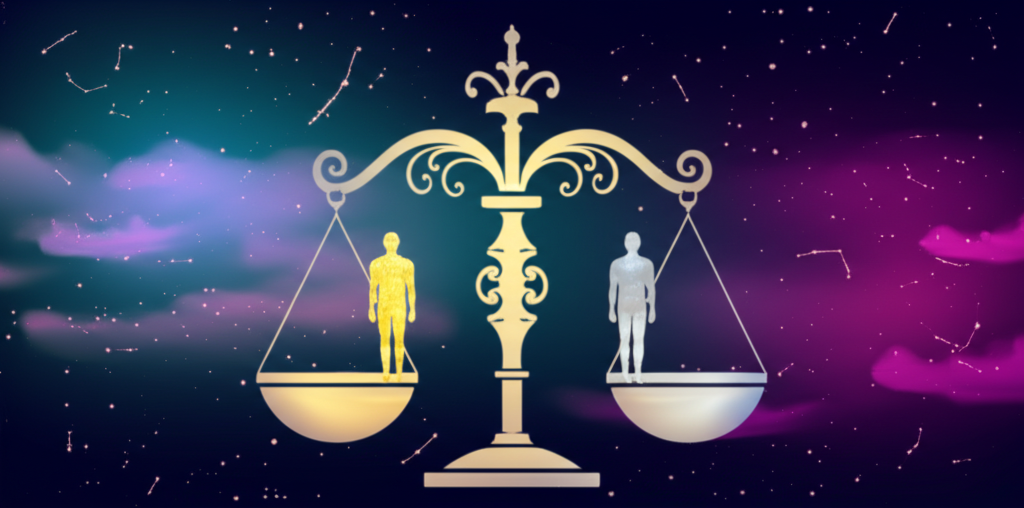 Символическое изображение весов правосудия и двух фигур, иллюстрирующее, 7 дом за что отвечает в астрологии.