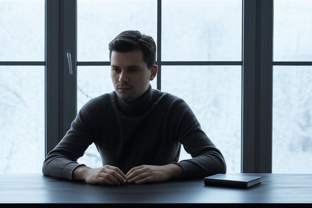 Задумчивый 7 января знак зодиака мужчина на фоне зимнего пейзажа в рабочем кабинете