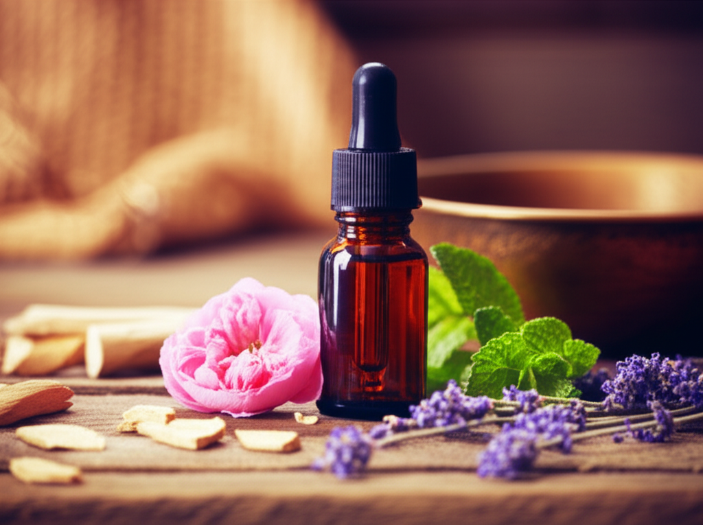 Древняя аюрведическая ароматерапия: флакон с эфирным маслом, окруженный натуральными ингредиентами.