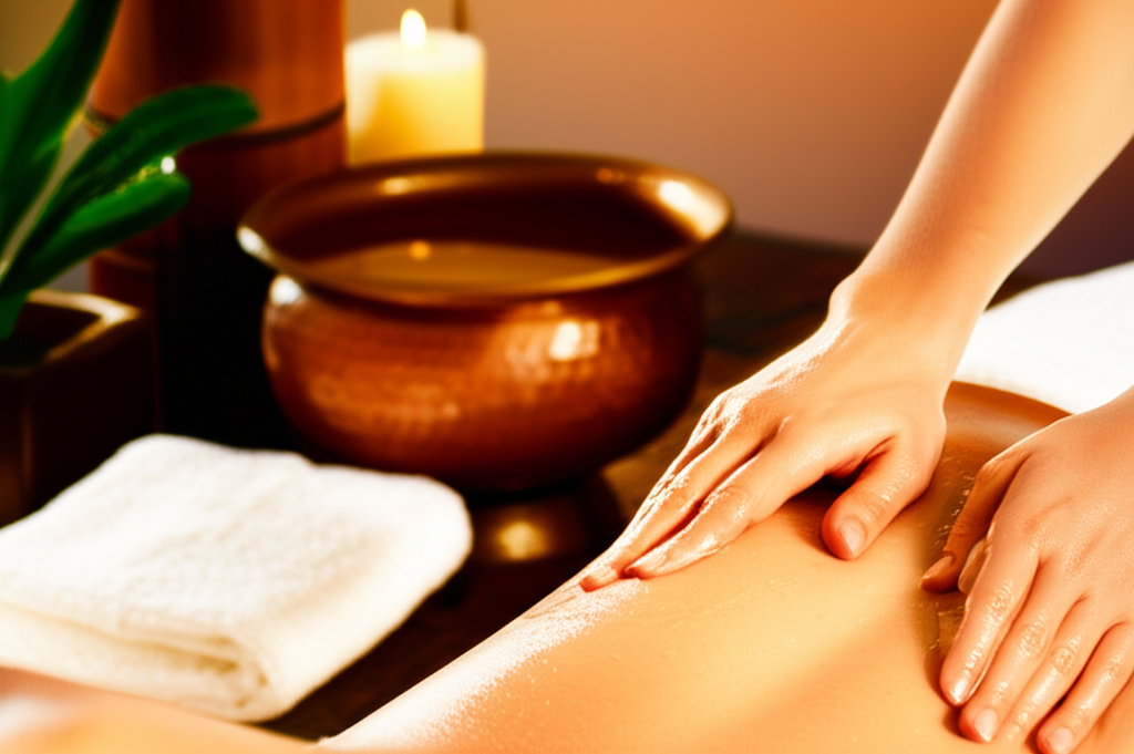 Процедура аюрведического масляного массажа: руки специалиста наносят теплое целебное масло на спину.