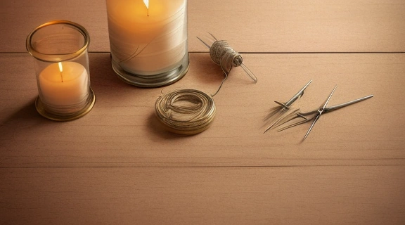 Изображение демонстрирует гадание на иглах, где несколько старинных металлических игл разбросаны на деревянной поверхности, создавая таинственную композицию, символизирующую акутомантия гадание на иглах.