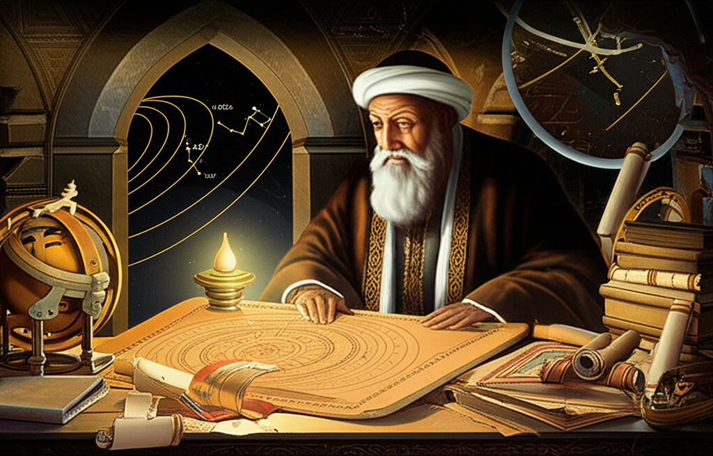 Изображение Аль-Бируни, глубокомысленного учёного, склонившегося над астрономическими рукописями, символизирующее его сложное отношение к науке и аль-буруни и астрология.