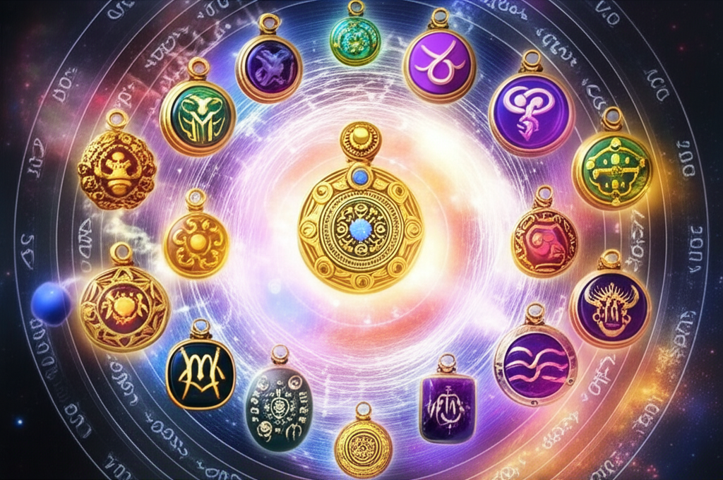 Разнообразные амулеты для каждого знака зодиака, расположенные на фоне звездного неба, излучающие мягкое свечение и таинственность.
