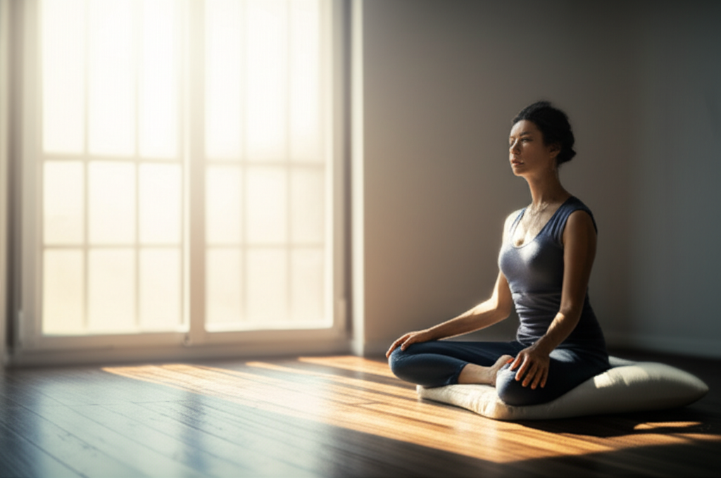 Человек практикует анабхава йога в спокойной, залитой светом комнате.