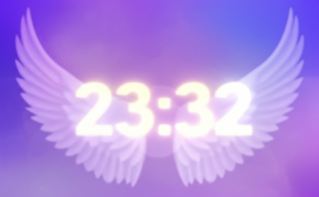 Символическое изображение, раскрывающее тему ангельская нумерология 23 32, с сияющими цифрами и крыльями ангела.