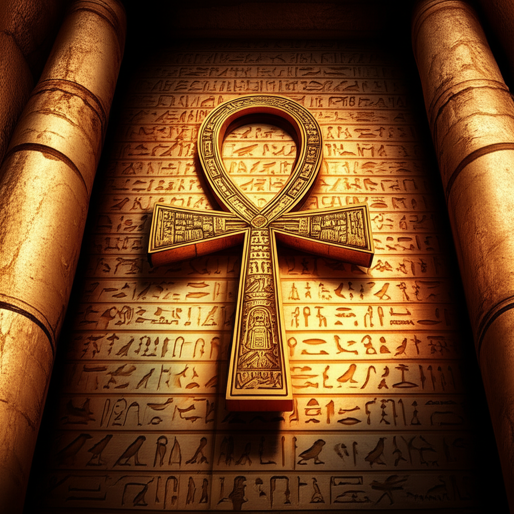 Золотой анкх символ вечной жизни лежит на древнем папирусе с иероглифами.