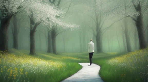 Человек на перепутье в весеннем лесу, символизирующий Апрель встреча с судьбой и принятие важных решений