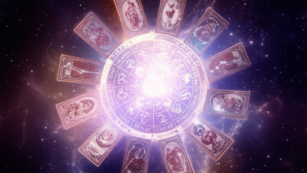 Детальная инфографика, где показаны арканы таро и знаки зодиака в виде космического колеса с символами.
