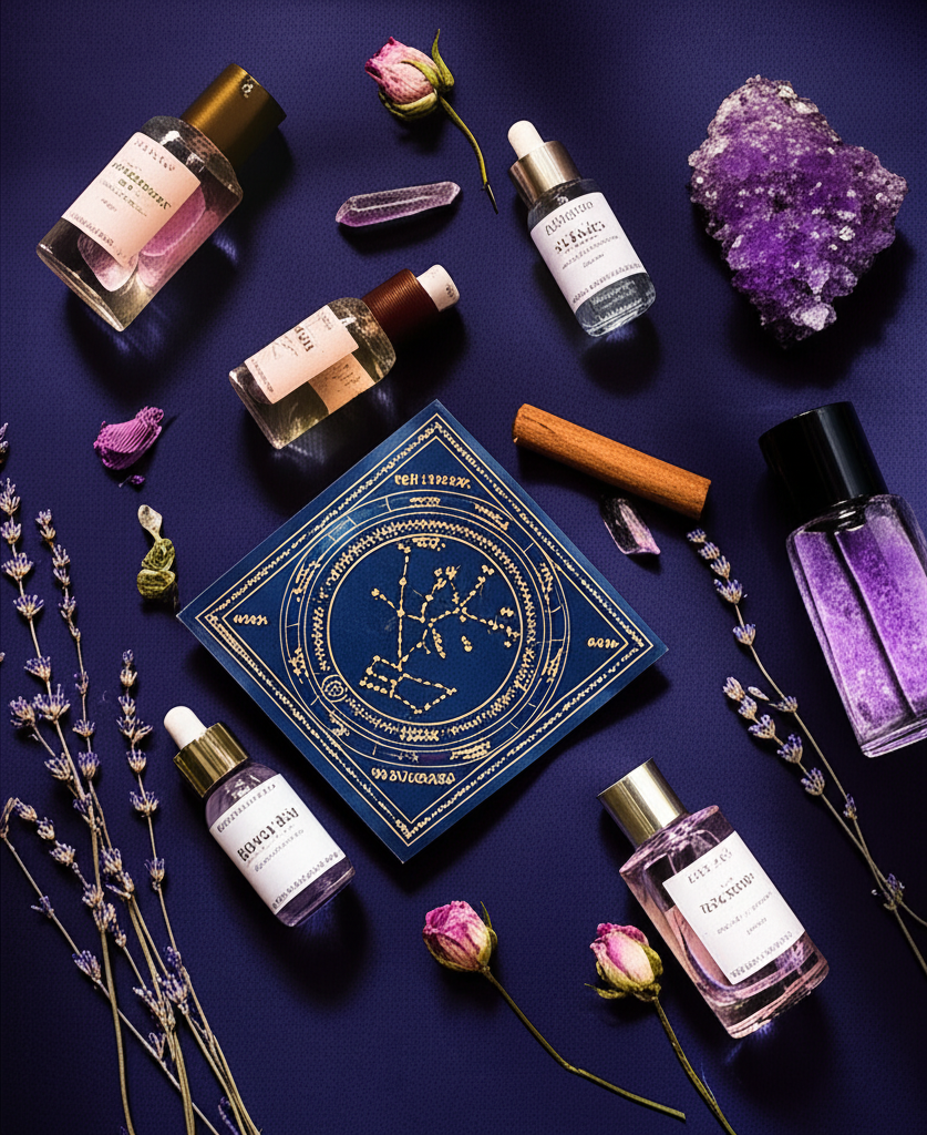 Персональный аромагороскоп: флаконы с эфирными маслами на фоне звездной карты зодиака.