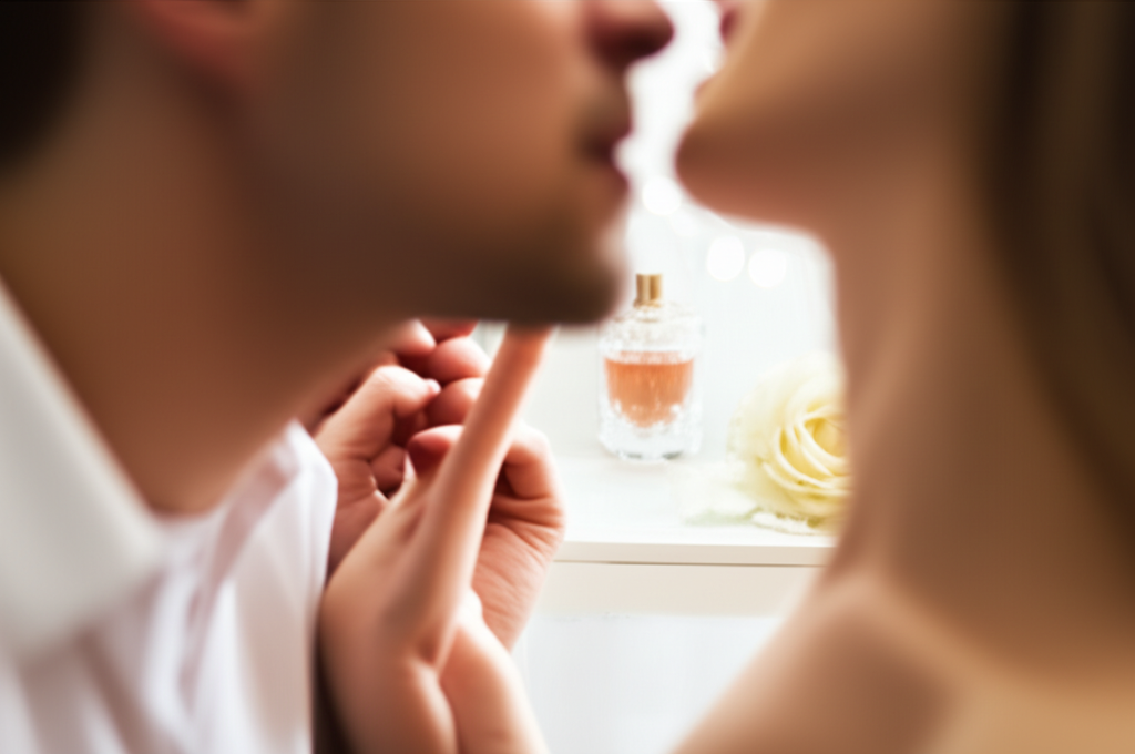 Деликатная сцена близости, где партнеры ощущают аромат любви друг друга