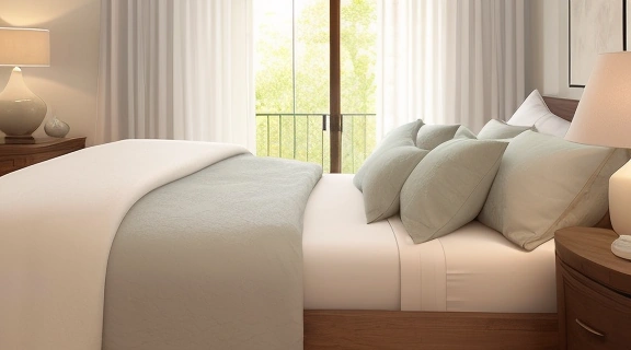 Спокойная спальня с работающим диффузором и эфирными маслами на прикроватной тумбочке, демонстрирующая атмосферу, идеальную для ароматерапии для сна.