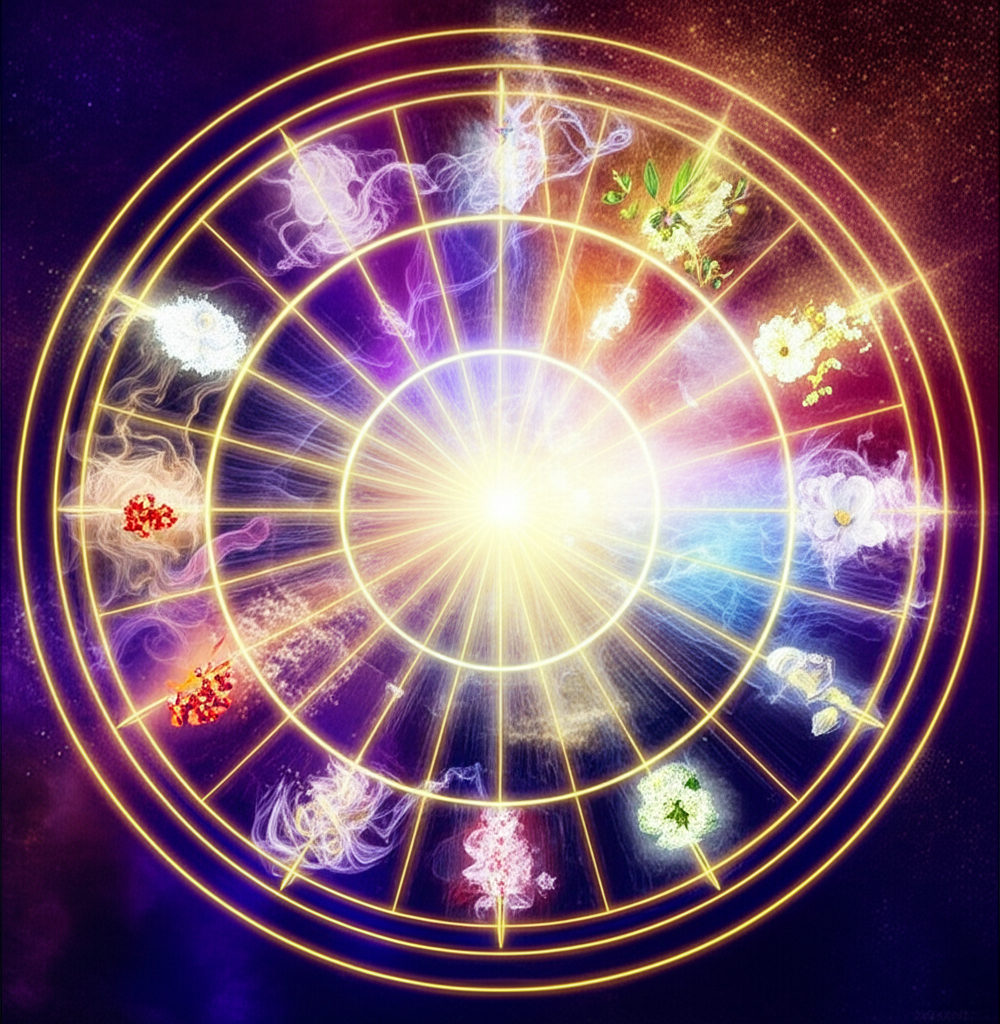 Детальное изображение зодиакального круга, иллюстрирующее ароматный зодиак и подбор парфюма для каждого знака.