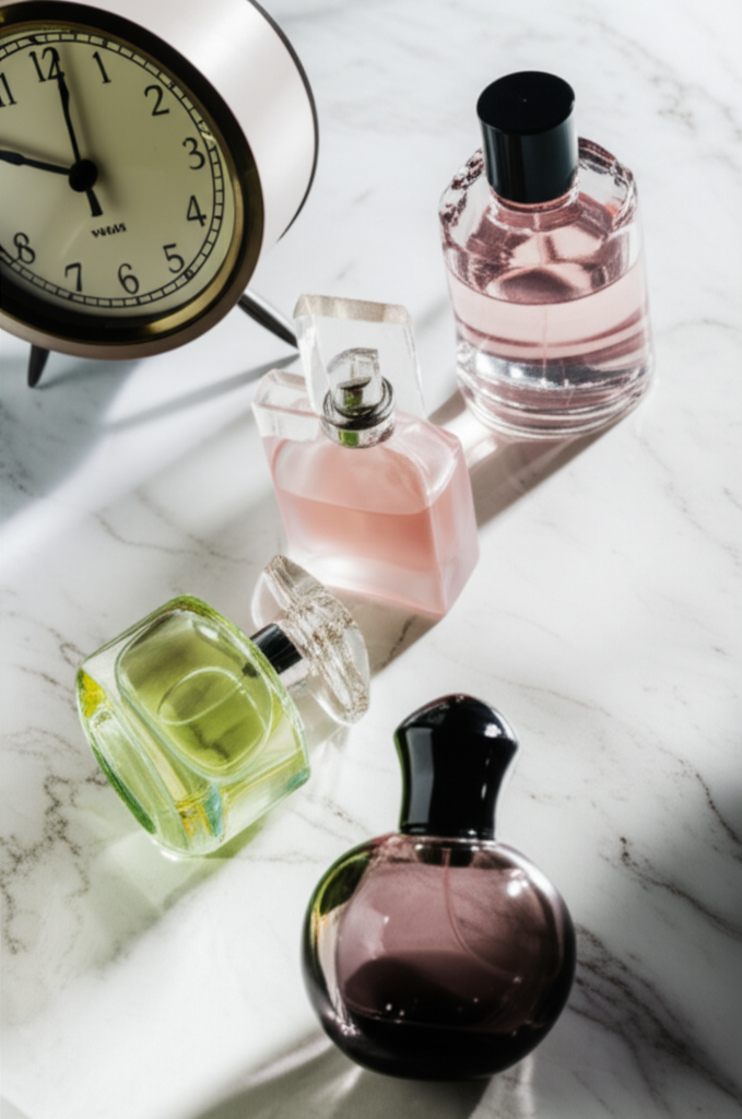 Элегантные флаконы парфюма на фоне циферблата, символизирующие ароматы для разного времени суток.