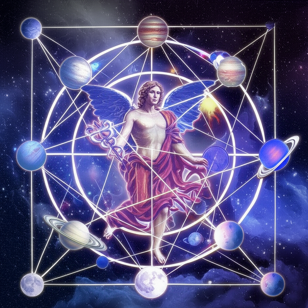 Мистическое изображение Меркурия, окруженного планетами и их аспектами, символизирующее аспекты меркурия в натальной карте обучение.