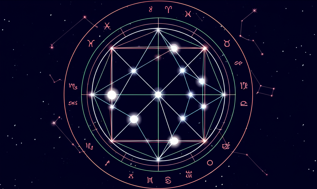 Схематичное изображение, иллюстрирующее аспекты в натальной карте между планетами.