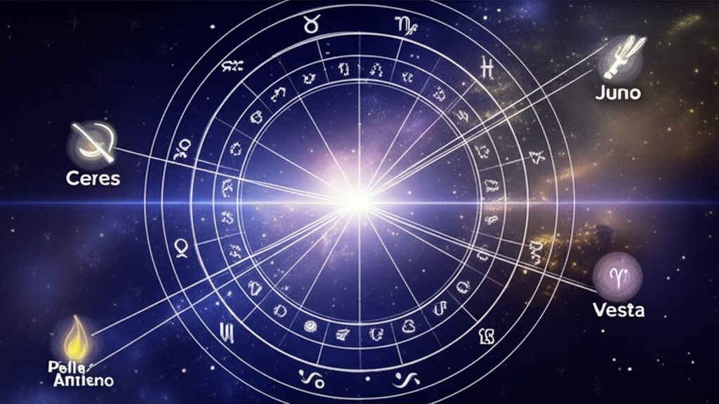 Детальная инфографика, где показаны астероиды в астрологии и их символы на фоне натальной карты.