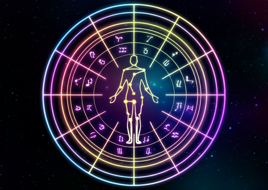 Современная astro online натальная карта в виде светящегося зодиакального круга на фоне космоса.