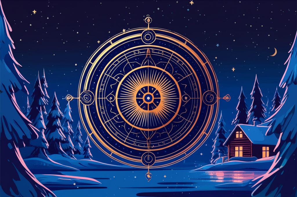 Зодиакальный круг на фоне зимнего пейзажа: планируем новогодние каникулы для знаков зодиака.