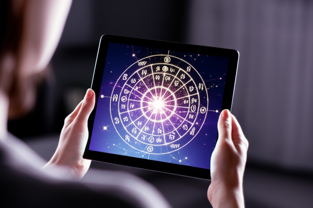 Персональная астрологическая карта онлайн на экране современного планшета для самостоятельного анализа.