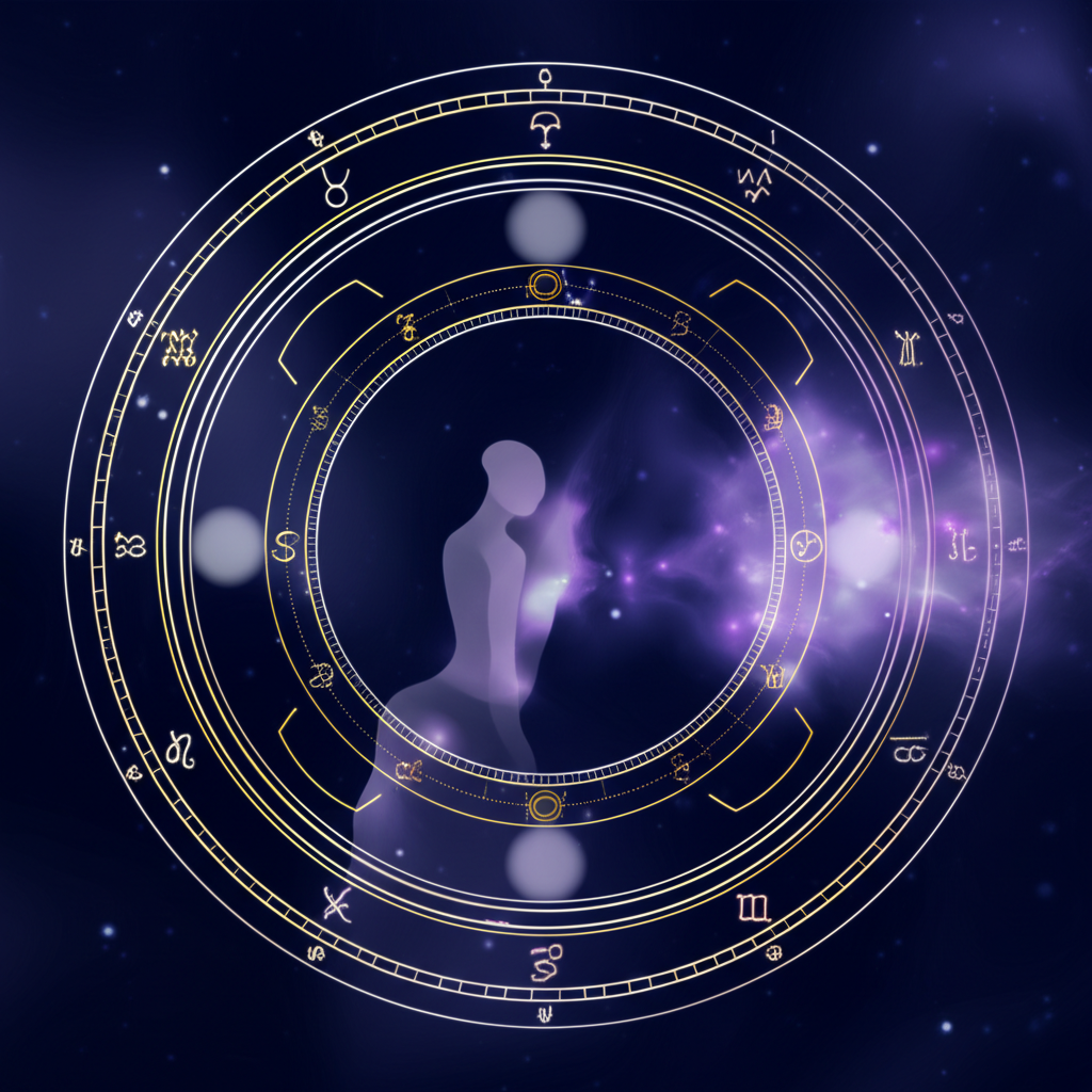 Детально прорисованная астрологическая карта с планетами и знаками зодиака на фоне звездного неба.