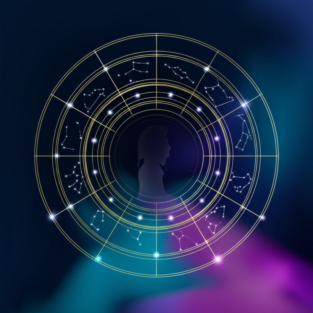 Современный астрологический сервис, представленный в виде светящегося зодиакального круга на фоне космоса.