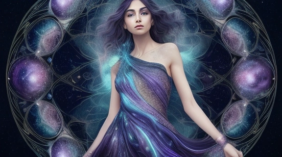 Изображение женщины, чей образ иллюстрирует концепцию «Астрологический советник мода», объединяя элементы космоса и стиля.