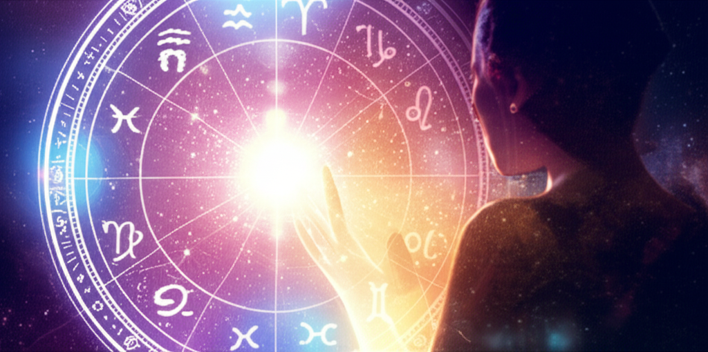 Изображение демонстрирует элементы, важные для астрология для начинающих с нуля, включая звездную карту и зодиакальные символы.