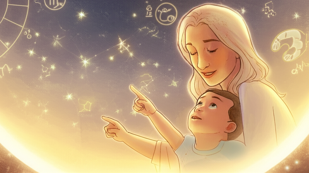 Иллюстрация, символизирующая астрология для родителей воспитание по звездам, где родитель и ребенок изучают звездное небо.