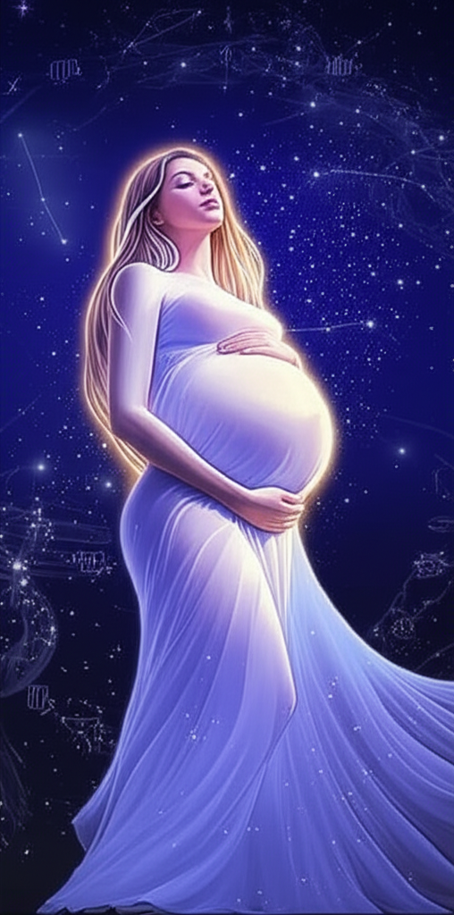 Изображение, символизирующее глубокую связь между астрология и беременность, где будущая мать созерцает звёздное небо, окружённая космическим сиянием и символами знаков зодиака.