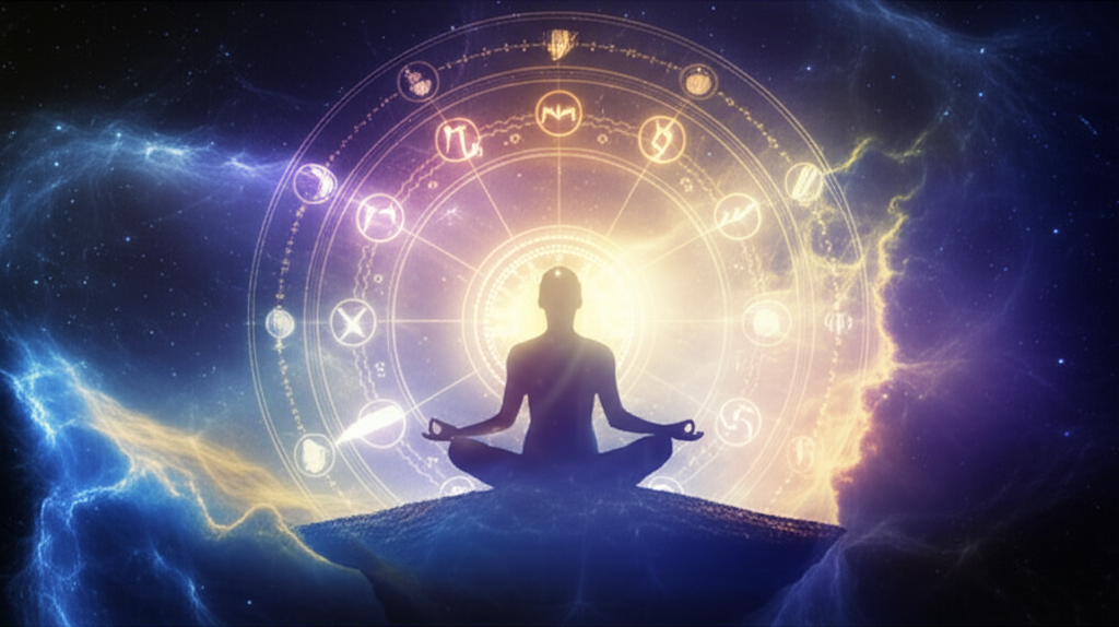 Женщина, медитирующая под звездным небом, с элементами астрологической карты, символизирующая астрология и духовность связь практик.