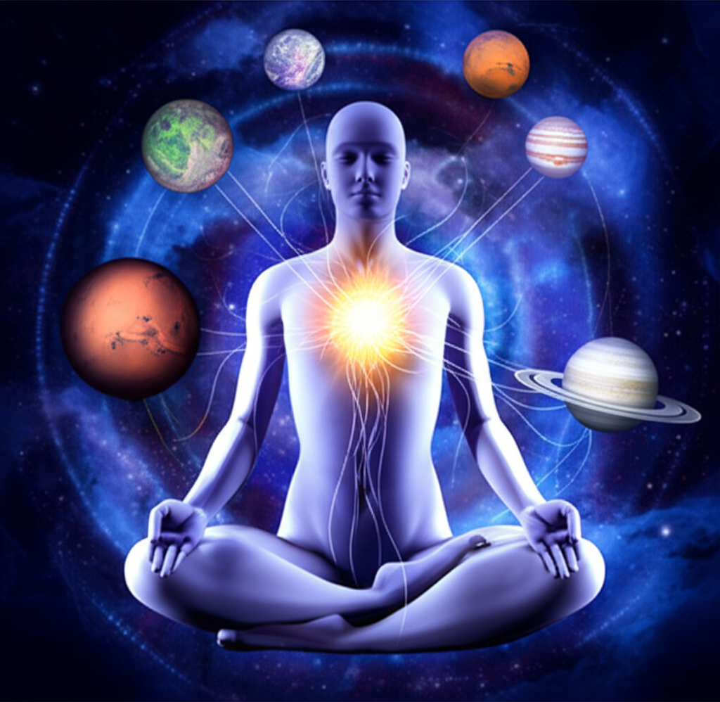 Изображение, демонстрирующее тонкие связи между астрология и энергетика человека, с изображением человека в медитации, соединенного светящимися энергетическими линиями с космическими телами на фоне туманности.