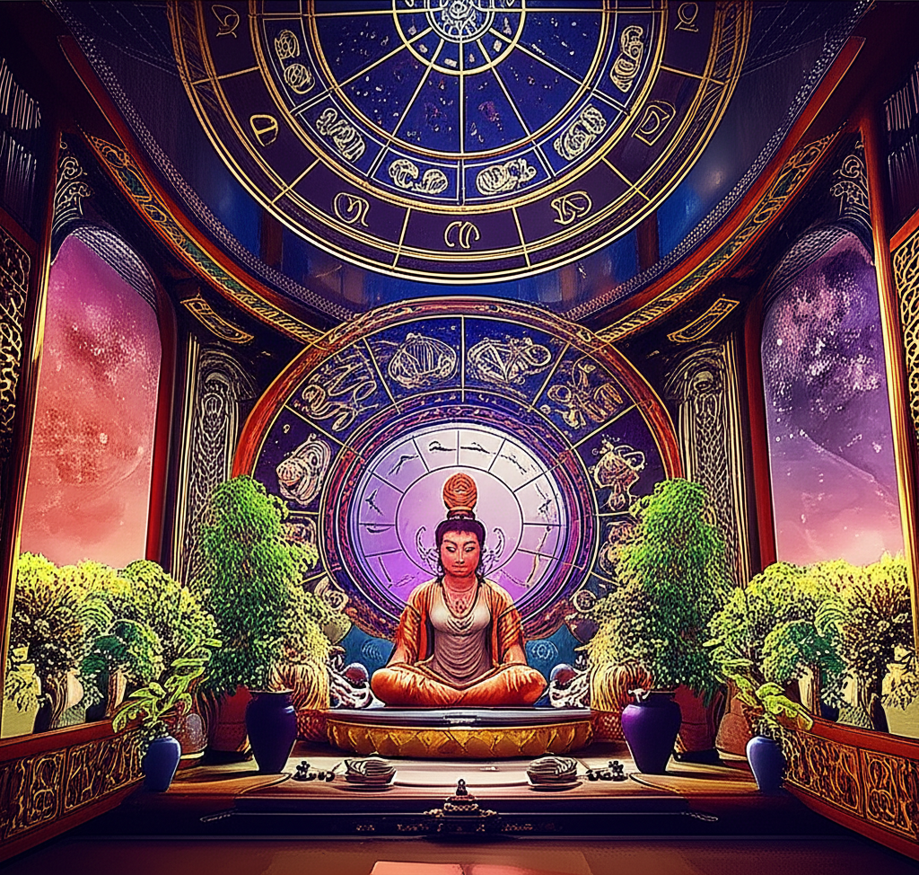 Изображение, символизирующее синергию древних учений астрология и фэн-шуй для достижения гармонии.
