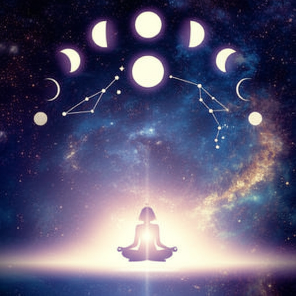 Изображение, демонстрирующее гармоничное сочетание астрология и йога на фоне космических символов.