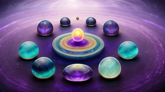 Иллюстрация, показывающая связь между небесными телами и земными кристаллами, символизирующая глубокое взаимодействие астрологии и камни.