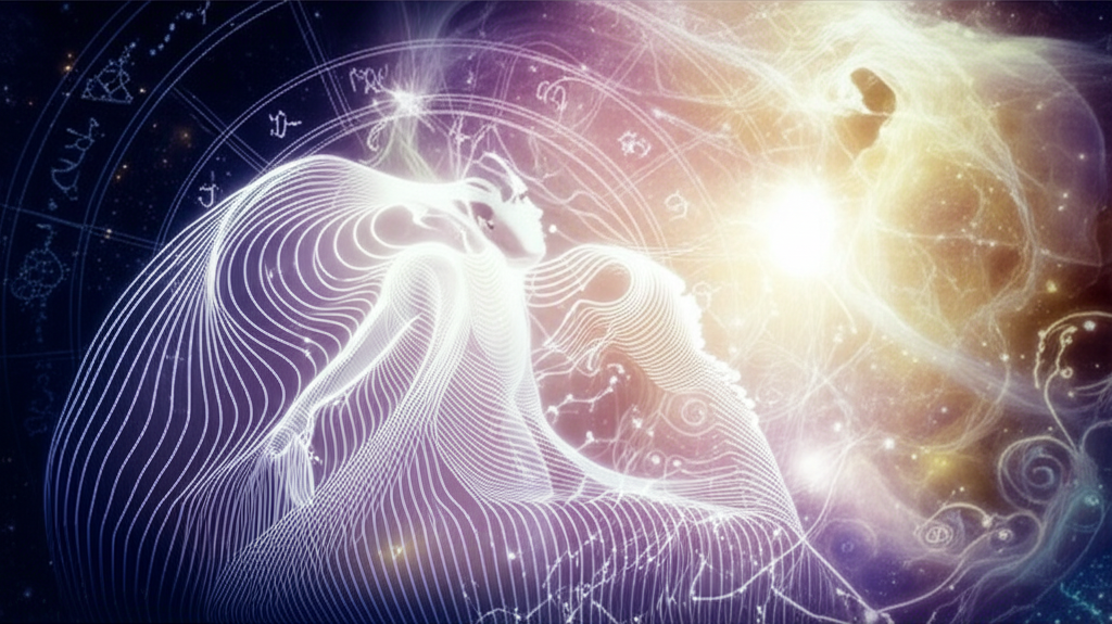 Изображение, символизирующее связь между астрология и коллективное бессознательное: звезды, планеты и туманности переплетаются с полупрозрачными образами человеческих архетипов.