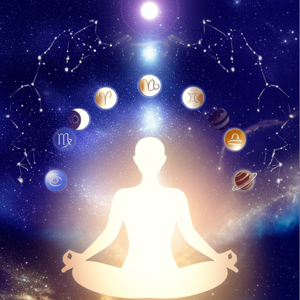 Иллюстрация, изображающая человека в медитативной позе, окруженного символами астрологии и медитации на фоне звездного неба, подчеркивающая глубокую связь этих практик.