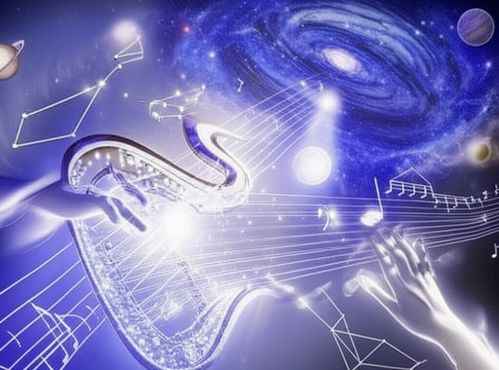 Изображение, демонстрирующее глубокую связь между астрологией и музыкой, где космические элементы переплетаются с музыкальными символами.