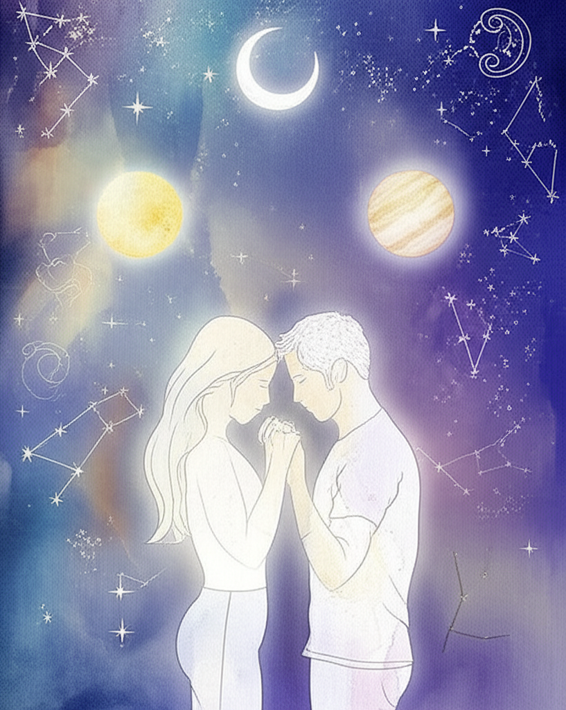 Иллюстрация, изображающая влюблённую пару, над которой парят астрологические символы, звёзды и планеты, символизируя связь между астрология и свадьба, а также гармонию союза.