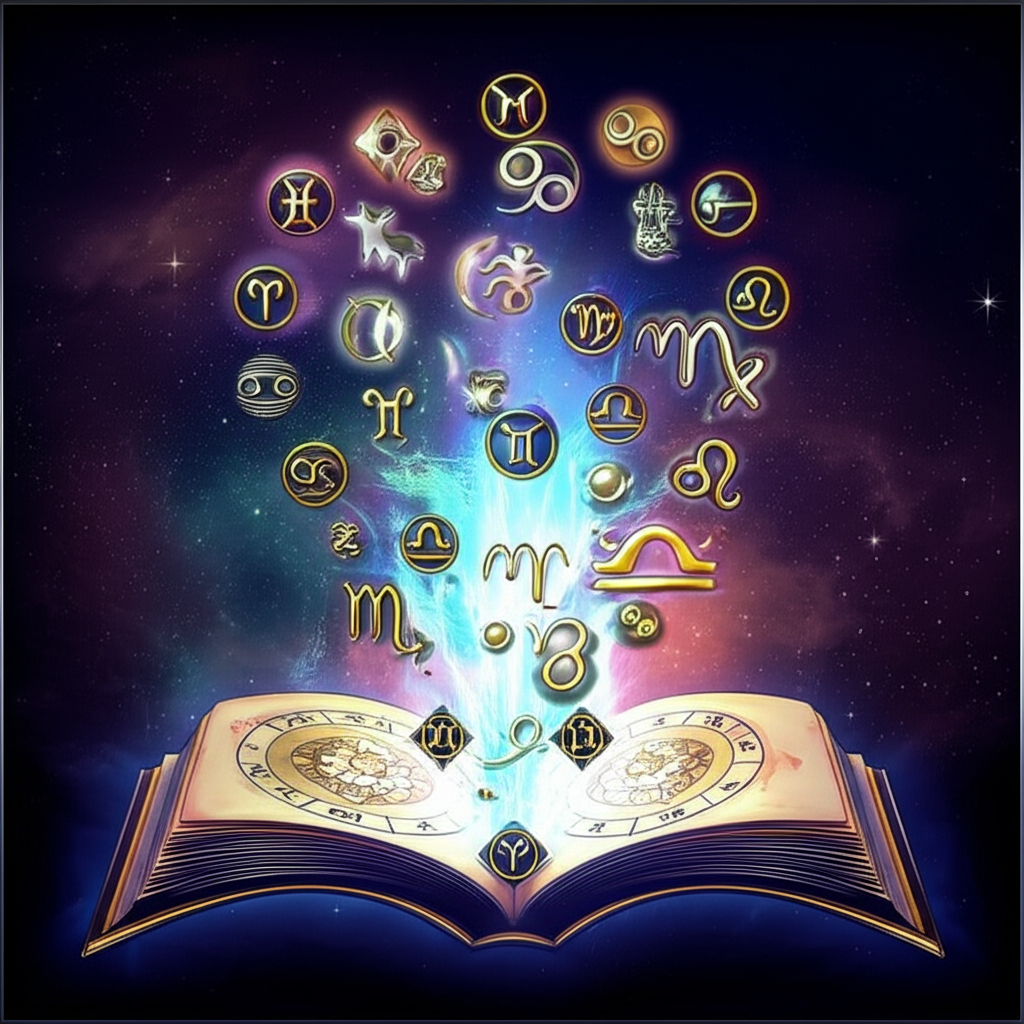 Иллюстрация, изображающая древнюю книгу, из которой вылетают и формируют космическую композицию светящиеся астрологические символы, подчёркивая концепцию астрология как язык символов.