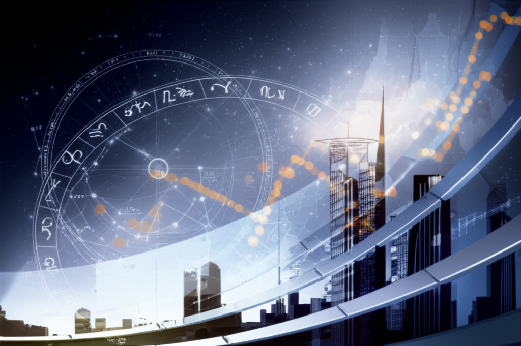 Сложная иллюстрация, где элементы астрологии в бизнесе, такие как звёздные карты и символы планет, переплетаются с абстрактными бизнес-графиками и силуэтами зданий.