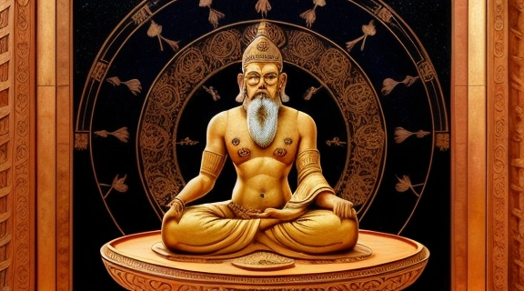 Мудрый индийский астролог в окружении древних инструментов для чтения астрологии в Индии.