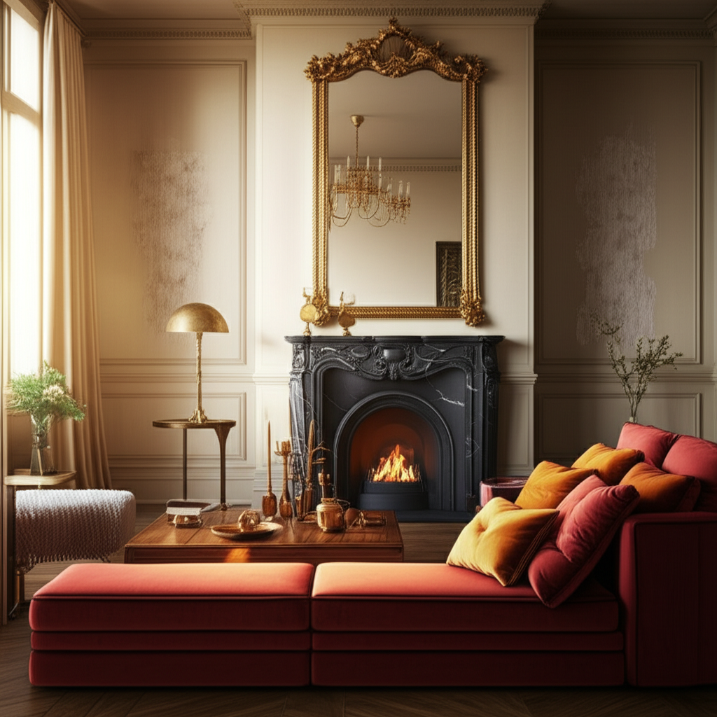 Роскошная гостиная, где воплощена астрология в интерьере огненный стиль, с красным диваном и золотыми акцентами.